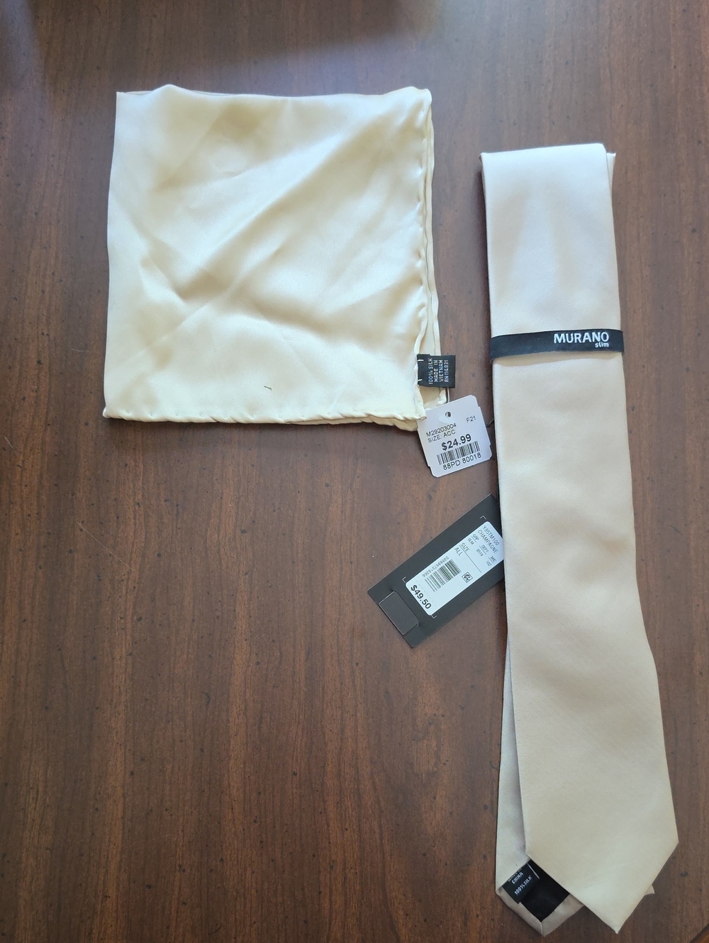 Murano Cream Satin Skinny Tie and Mens Warehouse Pocket Square Set